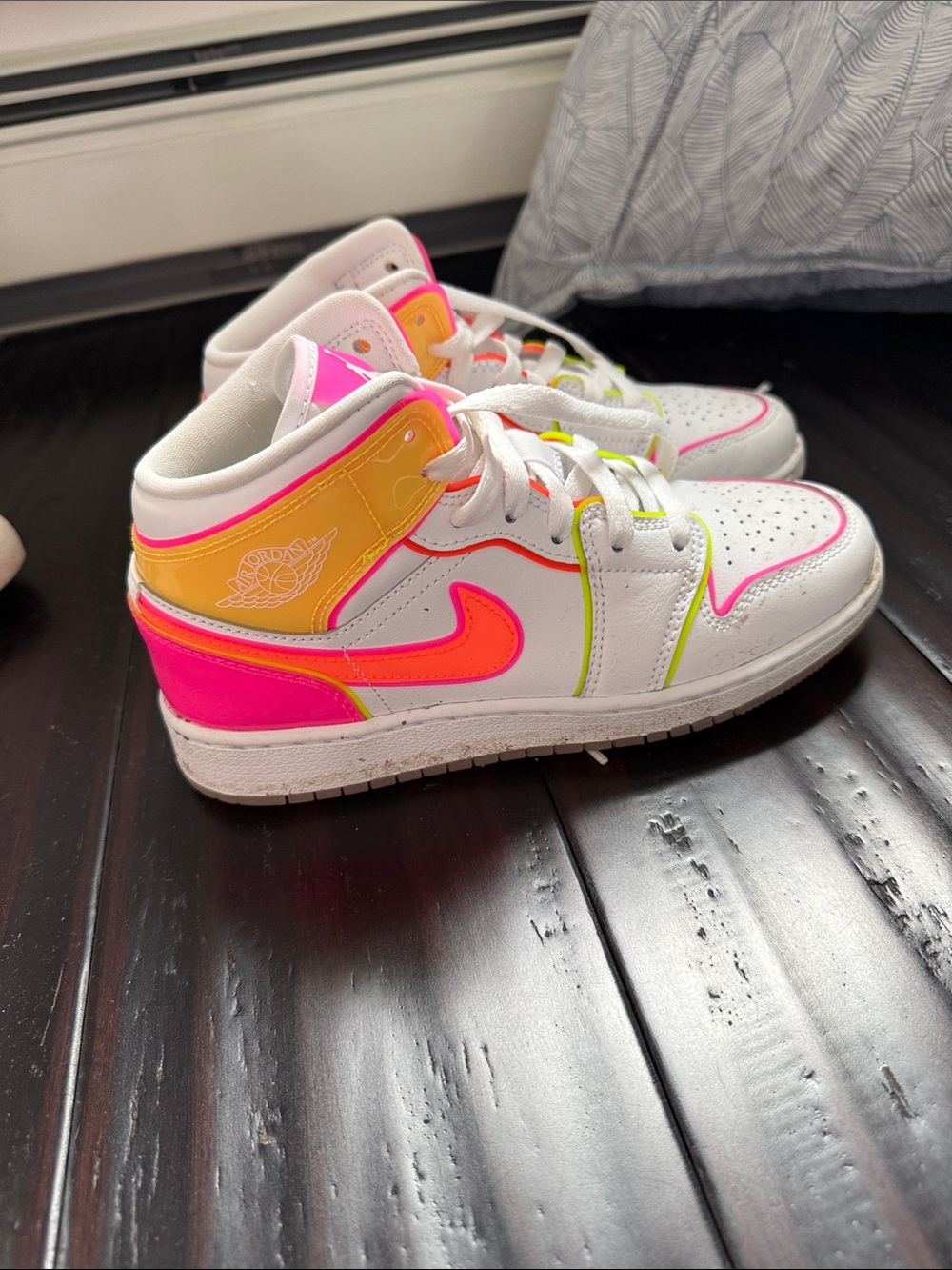 Nike Kids Mid-Top Sneakers in White with Neon Pink & Neon Orange Accents